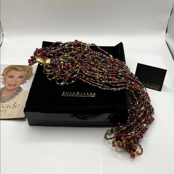 Vintage Joan Rivers Glass Gold Tone Jewel Tone 12 Multistrand Beaded Necklace